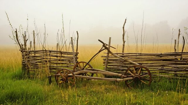 Antique farm implement in misty field