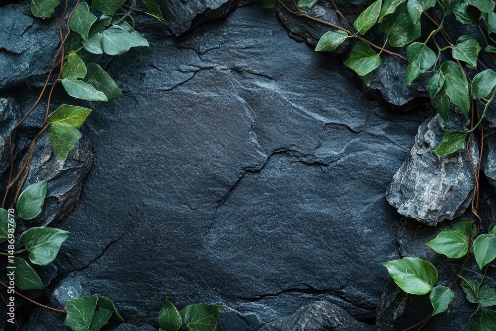 Poster dark slate texture framed by rocks and ivy with space. it's a rustic backdrop for product display or