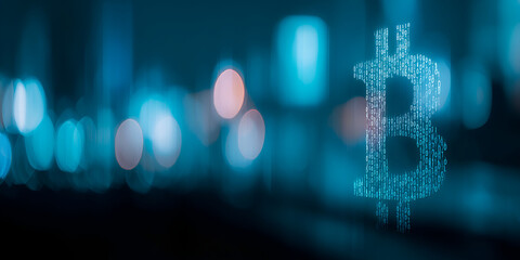 Digital currency evolution bitcoin represented by binary code on an abstract blue cityscape background