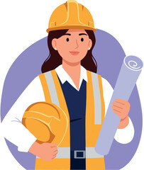 Female construction engineer holding blueprint and helmet vector illustration in safety gear 