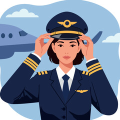 Female airline pilot adjusting captain hat with airplane in background vector illustration 