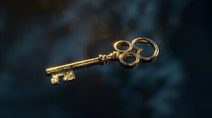 Floating Vintage Key: An antique brass key floating in mid-air against a dark, mysterious background with soft light highlighting its details.
