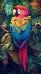 Obraz premium Colorful macaw perched in lush tropical foliage