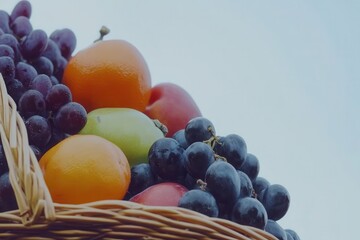 A wicker basket overflowing with vibrant, juicy grapes, oranges, and apples