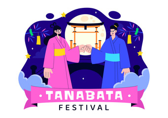 Tanabata Japan Festival Vector Illustration Featuring People Wearing Kimono and Peony Flowers in a National Holiday Flat Style Cartoon Background