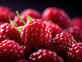 Close up of fresh red raspberries with vibrant color and detailed texture, highlighting their juicy appearance and natural freshness, set against dark background for contrast