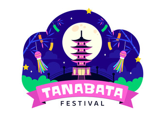 Tanabata Japan Festival Vector Illustration Featuring People Wearing Kimono and Peony Flowers in a National Holiday Flat Style Cartoon Background