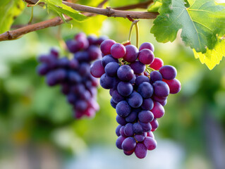 Bunch of ripe purple grapes hanging from vine with green leaves, showcasing fresh fruit in vineyard setting, bright sunlight highlighting vibrant colors and lush foliage