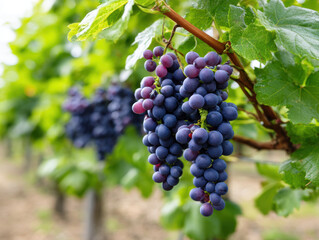 Cluster of ripe purple grapes hanging on vine with lush green leaves in vineyard, showcasing fresh fruit and natural vineyard environment, evoking sense of harvest and abundance