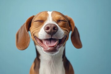 Brown and white beagle dog smiling, eyes closed on blue background. Use this for advertisements or to illustrate pure happiness.