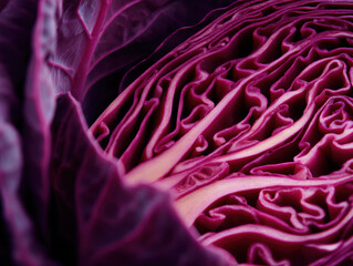 Close up shot of intricate layers of red cabbage, highlighting its vibrant purple color and textured leaf structure, evoking freshness and natural beauty