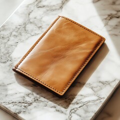Minimalist tan leather wallet mockup resting on a marble surface with sunlight and shadow details.