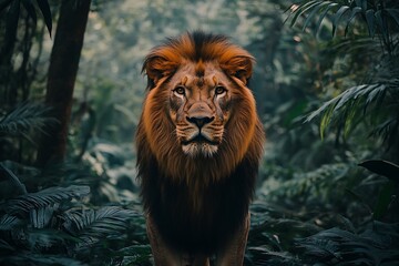 Majestic Lion in Lush Tropical Forest, Wild Animal Photography, Wildlife Conservation