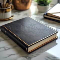 Elegant black leather notebook rests on a marble surface with gold detailing, a symbol of quality.