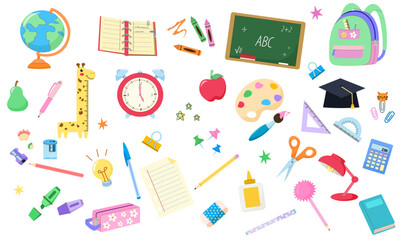 Big set of school supplies and education stickers. Back to school. Backpack, books, globe, pencil box, paints, ruler, pen, pencil. Suitable for prints, cards, paper crafts, scrapbooking. 
