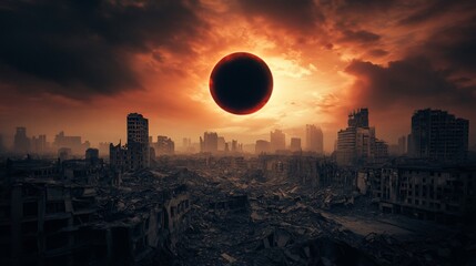 Apocalyptic Cityscape: A World in Ruins Under a Dark Solar Eclipse