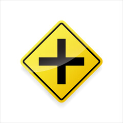 Obraz premium Vector illustration of a crossroad traffic warning sign. Yellow diamond-shaped road sign indicating a four-way intersection ahead.