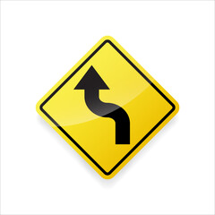 Reverse curve warning sign vector. Flat design on yellow diamond traffic board for road safety.