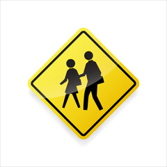 School zone warning sign vector. Flat design on yellow traffic sign for child safety near schools.