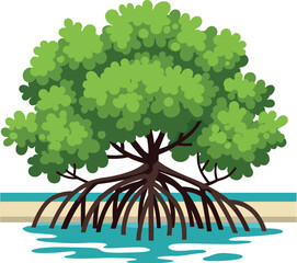 Mangrove tree with lush green leaves and exposed roots over water vector illustration 