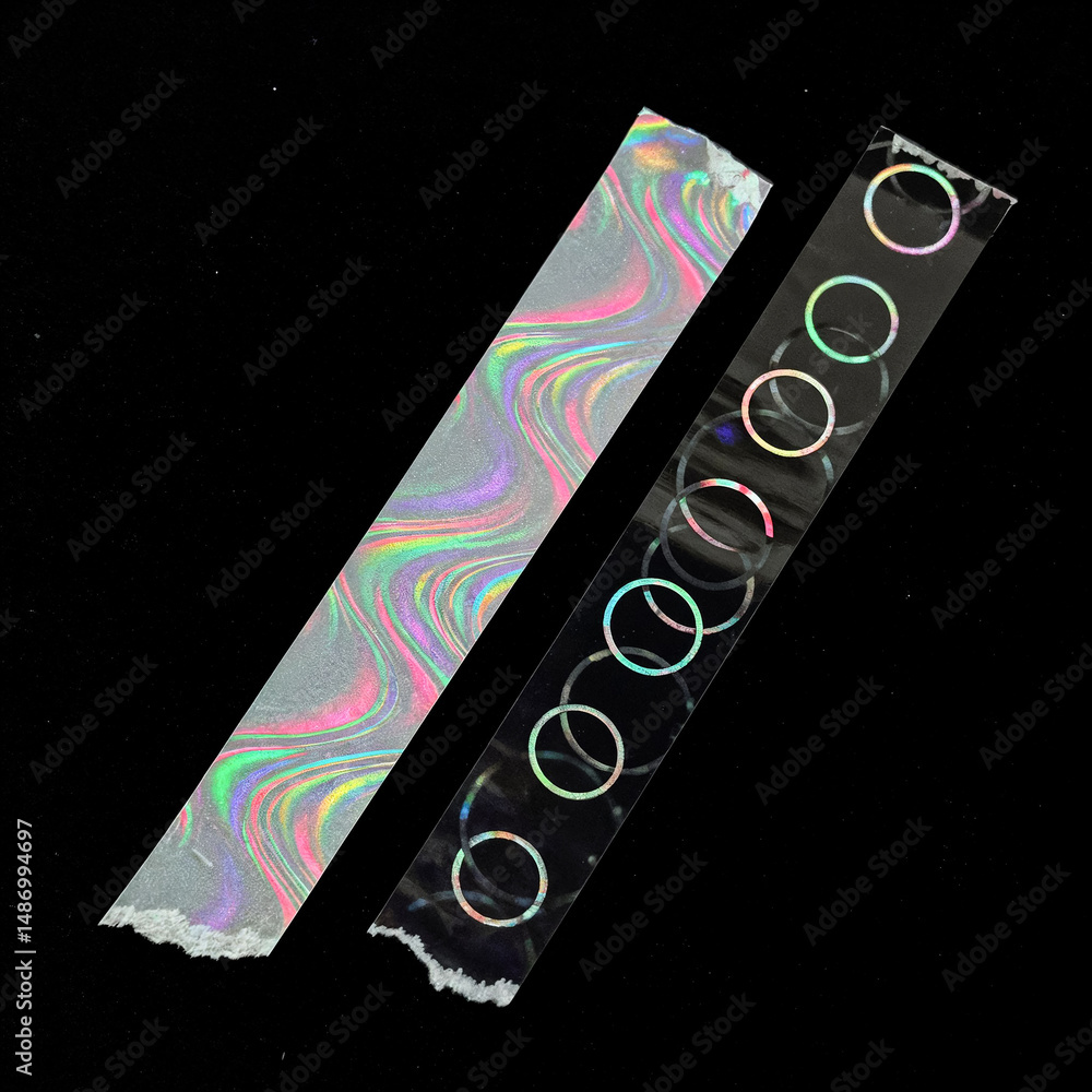 Poster two torn strips of holographic tape creating colorful patterns on black background