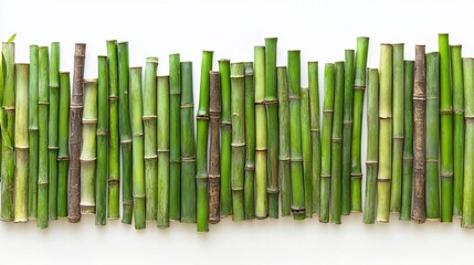 Serene Green Bamboo Stalks Arranged in a Row Against White Background