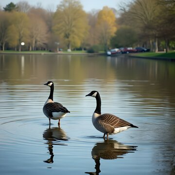 Una pareja de gansos jugando solos en un lago en un parque.