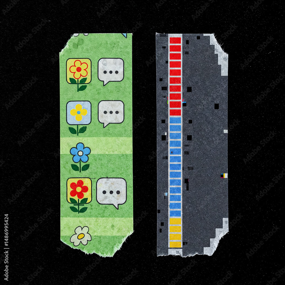 Poster torn pieces of paper showing chat bubbles and loading bar on black background