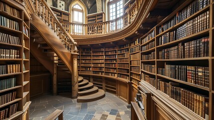 Obraz premium Elegant Wooden Library Interior With Spiral Staircase Full Of Books Architecture