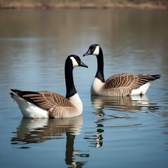 Una pareja de gansos jugando solos en un lago en un parque.