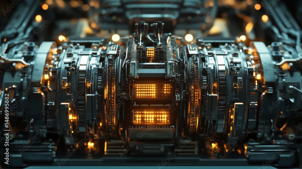 Aufkleber complex futuristic machine part with intricate details and glowing lights. illustrates advanced tech