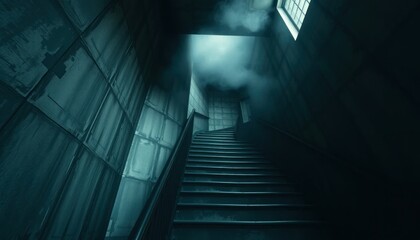Eerie staircase with smoke, blue lighting, haunted asylum concept