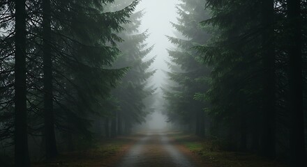 Obraz premium Walking Path Through Foggy Forest with Tall Evergreen Trees