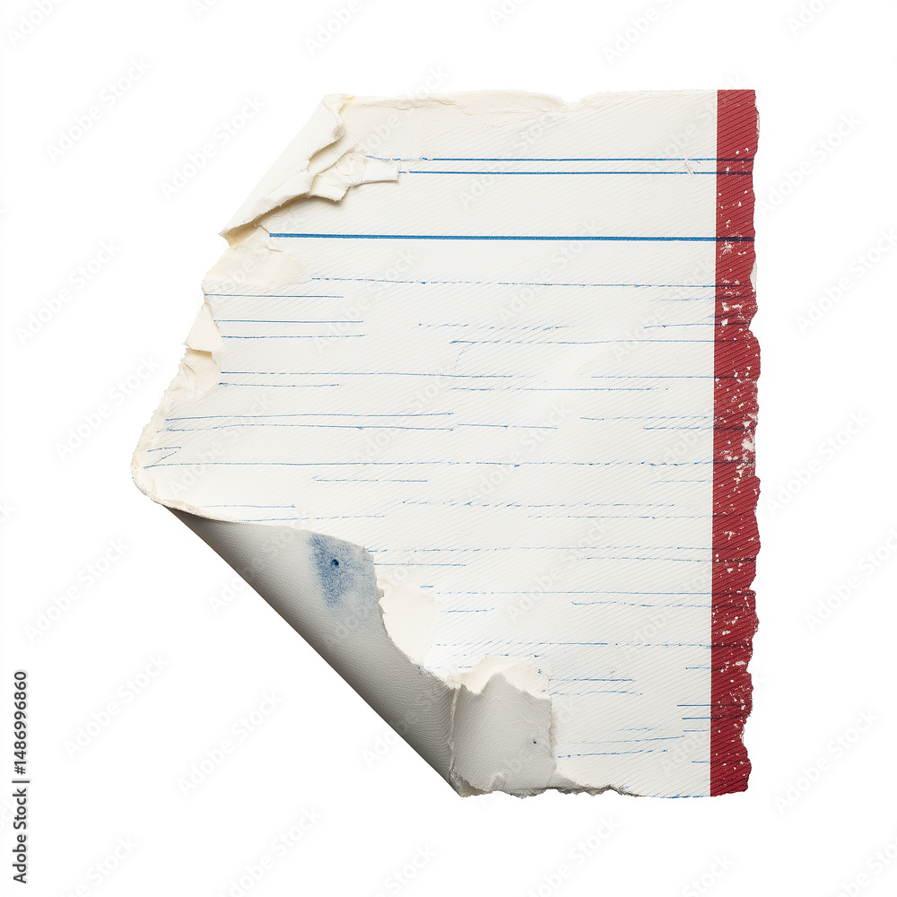 Poster torn notebook paper with blue lines and red margin is showing curled corner