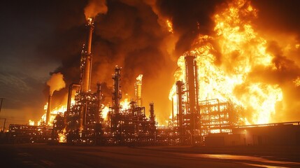 Petrochemical factory engulfed in flames producing heavy smoke at dusk