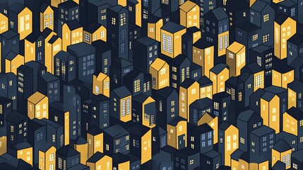 Nocturnal Cityscape: An Isometric Illustration of Illuminated Buildings