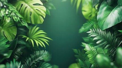 Lush green leaves, tropical foliage, vibrant nature, dark background.