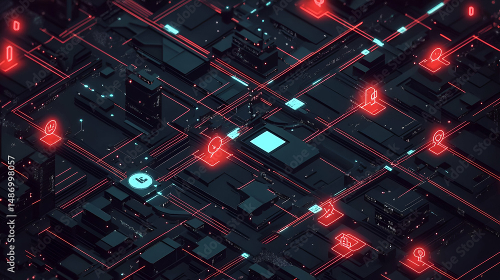 Aufkleber abstract digital circuit board with glowing red nodes