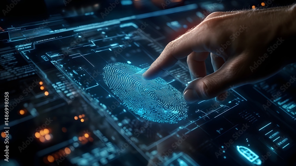 Poster digital fingerprint scan on a futuristic circuit board.