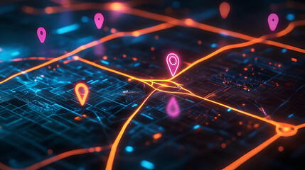 Abstract Digital City Map with Glowing Neon Roads and Location Markers