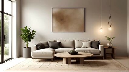 A modern living room with neutral tones, a cozy sofa, wooden furniture, indoor plants, and minimalist decor.
