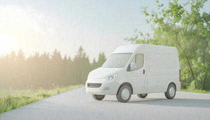 White Delivery Van Driving on Asphalt Road on a Sunny Day with Sunlight Through Trees in a Natural Landscape