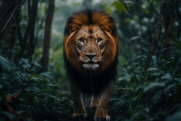 Majestic African Lion Walking Through Lush Green Jungle Forest