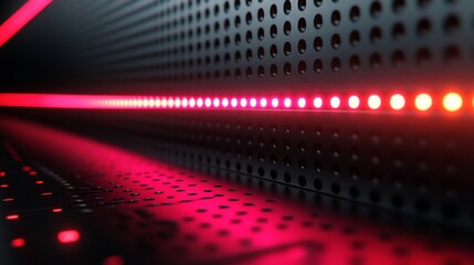 Abstract Red LED Lights on Perforated Metal Panel