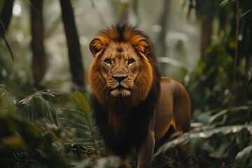 Majestic Lion in Lush Green Jungle Habitat Wildlife Photography