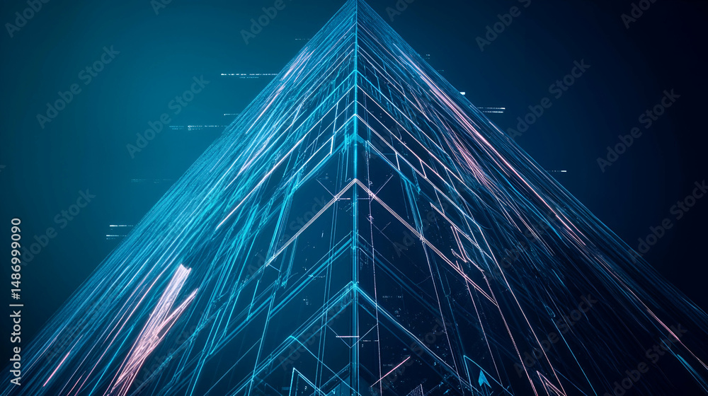 Poster abstract teal pyramid of data and network lines