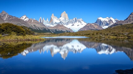 Scenic reflection of snow-capped mountains in serene lake in Patagonia