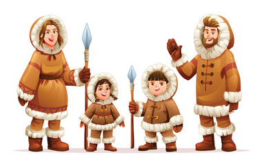 Family of Eskimos holding spears and standing together, wearing traditional fur lined winter coats. Vector cartoon character illustration © YG Studio