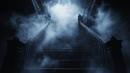 Eerie ascent, staircase shrouded in mist, silhouettes guarding the passage