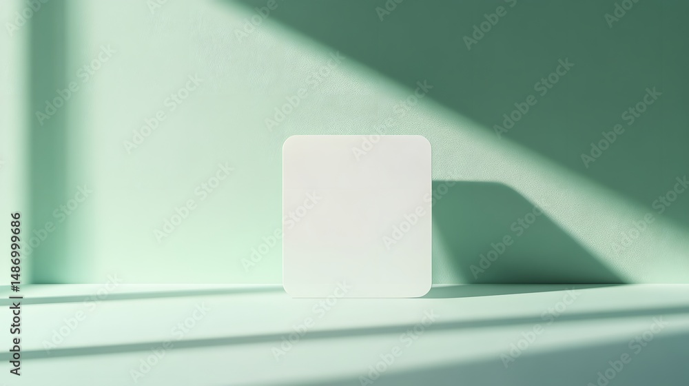 Poster empty white square object on mint green backdrop.